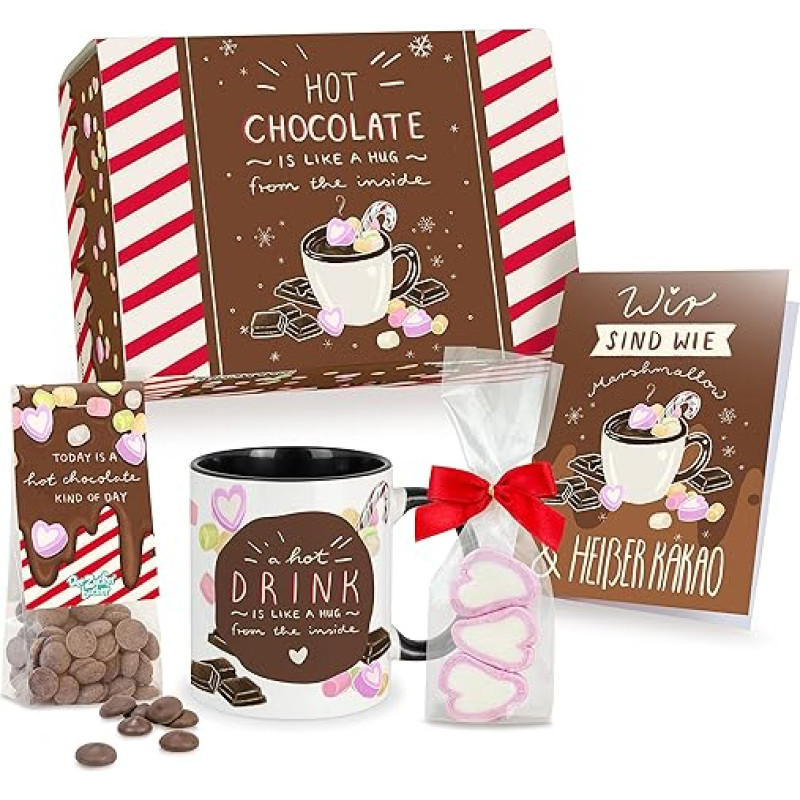 Karšto šokolado dovanų dėžutė - saldi dovanų dėžutė su geriamuoju šokoladu, zefyrų širdelėmis, puodeliu ir kortele