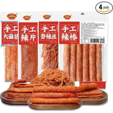 BaiLiSnacky Latiao kiniški aštrūs užkandžiai (116 g x 4 vnt.) Autentiški kiniški vegetariški dideli Latiao karšti ir aštrūs lazdelės su glitimo juostelėmis Tradicinis kinų prieskonių mišinys