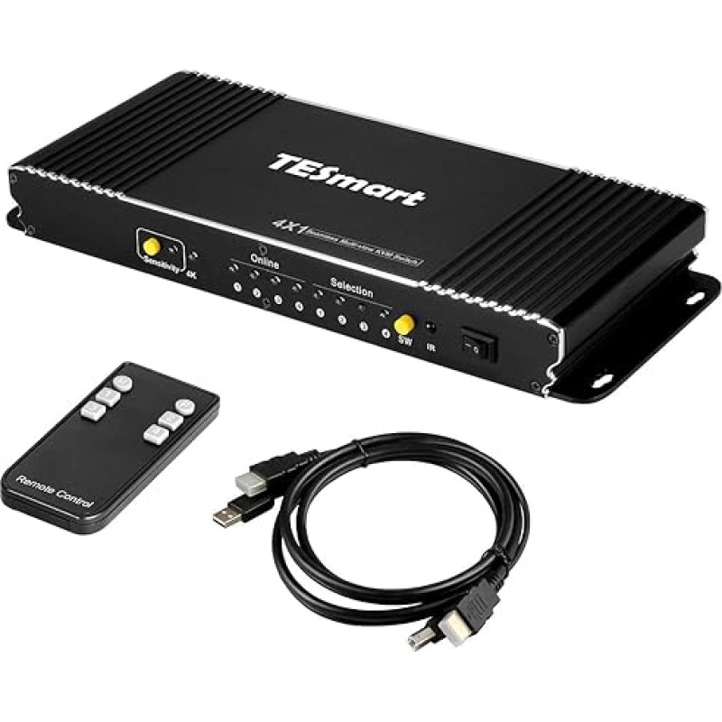TESmart HDMI-KVM-Switch mit 4 Anschlüssen, für 4 Computer, 1 Monitor, 4K@30Hz, EDID-Emulatoren, Bild-in-Bild-Modus, USB 2.0, IR-Fernbedienung/Hotkey/Auto-Switching, mit 2 x 1,5 m KVM-Kabel, für