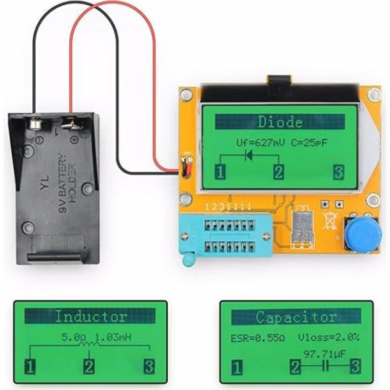 LCRT4 ESR matuoklis, tranzistorių testeris, dviejų diodų MOSFET-SCR, vartų talpos matavimas (LCR-T4 akumuliatoriaus dėžutė + dėklas)