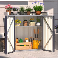 YODOLLA Waterproof Garden Cabinet with Plant Table, 97 x 34 x 93 cm Worktop with Adjustable Shelves, Metal Shed for Outdoor Use, Garden Tools and Plants, Grey