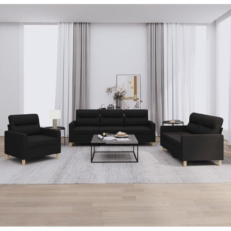 SECOLI Sofa Set 3 2 1 Living Room Sofas Set 3 Seater + 2 Seater + Armchair Sofa Sets Sofa Living Room Sofas & Couches 3 2 1 Set Black Fabric 3 Pieces