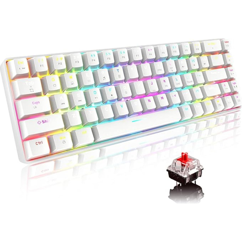 60 % Mechaninė C tipo laidinė žaidimų klaviatūra 68 klavišų USB klaviatūra su LED apšvietimu, 18 chromatinių RGB apšvietimo klavišų (raudonas jungiklis)
