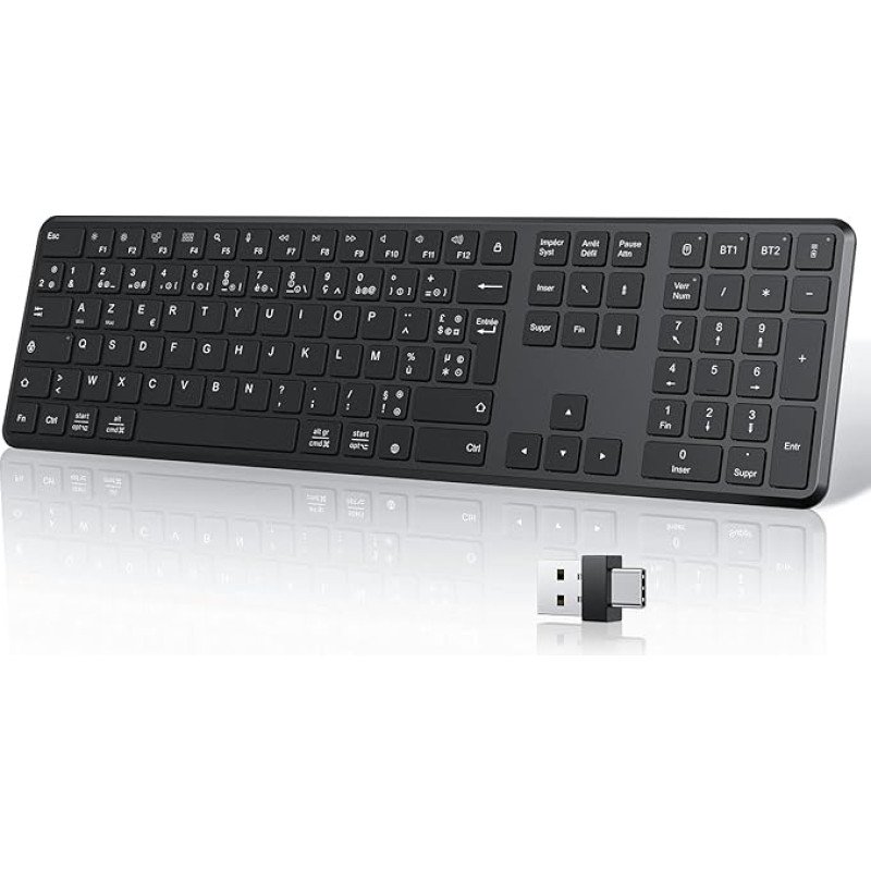 TECURS Kabellose Bluetooth-Tastatur, AZERTY-Tastatur, 2,4 G, Wireless Keyboard mit 3 Kanälen, Bluetooth, ultradünn, für Computer, Apple MacOS, iOS, Android, PC