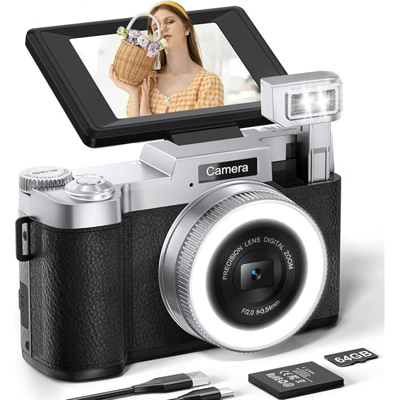 Skaitmeninis fotoaparatas, 64MP 4K fotoaparatas fotografijai ir vaizdo įrašams su grožio žiedu, 64GB SD kortele, 18 kartų priartinimo automatiniu priartinimu, 180° apverčiamu ekranu, kompaktiškas nešiojamas 