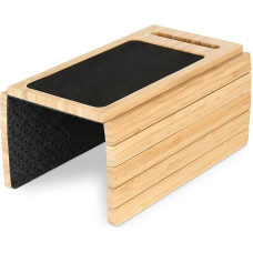 DE-COmmerce Praktiškas bambuko sofos padėklas 33 x 23,2 cm su mobiliojo telefono laikikliu ir neslystančiu padėklu, lanksti sofos lentyna porankiams, tvarus sofos padėklas gėrimams ir užkandžiams