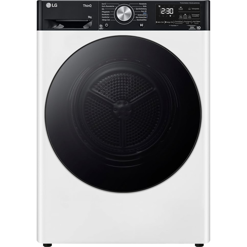 LG RT90V9P šilumos siurblio džiovyklė - 9 kg talpos, dvigubo inverterio technologija, automatinis savaiminio valymo kondensatorius, džiovinimo jutiklis, apsauga nuo alergijos, grįžtamasis būgnas, išmanioji diagnostika, 
