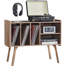 LELELINKY Ąžuolinis patefono stovas su 4 spintelėmis, talpinantis iki 220 albumų, didelis patefono stovas su minkštomis medinėmis kojomis, vidurio amžiaus patefono stalas