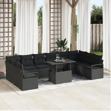 Rantry 11-teiliges Garten-Sofa-Set mit Kissen Schwarzes Poly-Rattan, 2-Sitzer Garten-Sofa mit Stauraum & Kissen Schwarzes Poly-Rattan Gartenlounge Modelis3357636