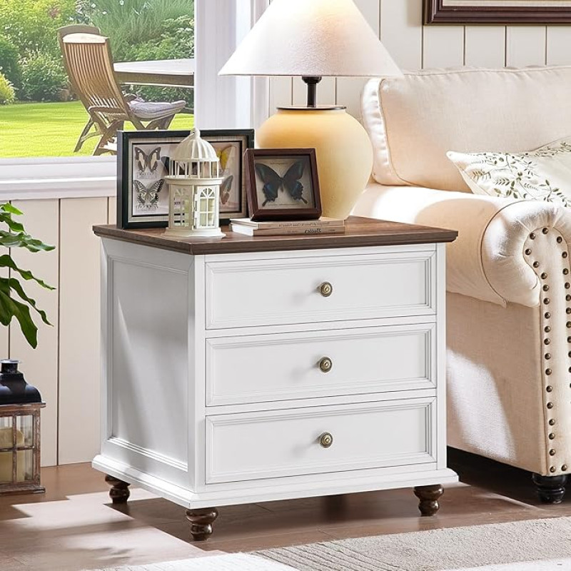 24 colių pločio kaimo namų naktinis staliukas, didelis šoninis staliukas su 3 stalčiais ir metaline rankena, medinė komoda miegamajam, baltos spalvos naktinė spintelė su stalčiais, naktiniai staleliai gyvenimui