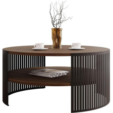 Mirjan24 Fahugin Kavos staliukas su lentyna, apvalios formos, metalinės kojos, kavos staliukas, svetainės stalai, šoninis staliukas, sofos staliukas, arbatos staliukas (Nut Franklin Tobacco, juoda)