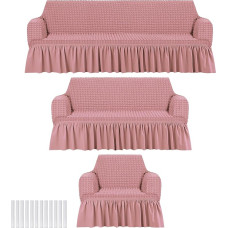 Fanfanwin Sofa-Schonbezug-Set für Couchkissen, langlebig, waschbar, hochelastisch, dehnbar, Möbel-Couchbezüge mit Rock für Sofa, Sessel, Sessel, 3-teilig (Rosa, Seersucker)