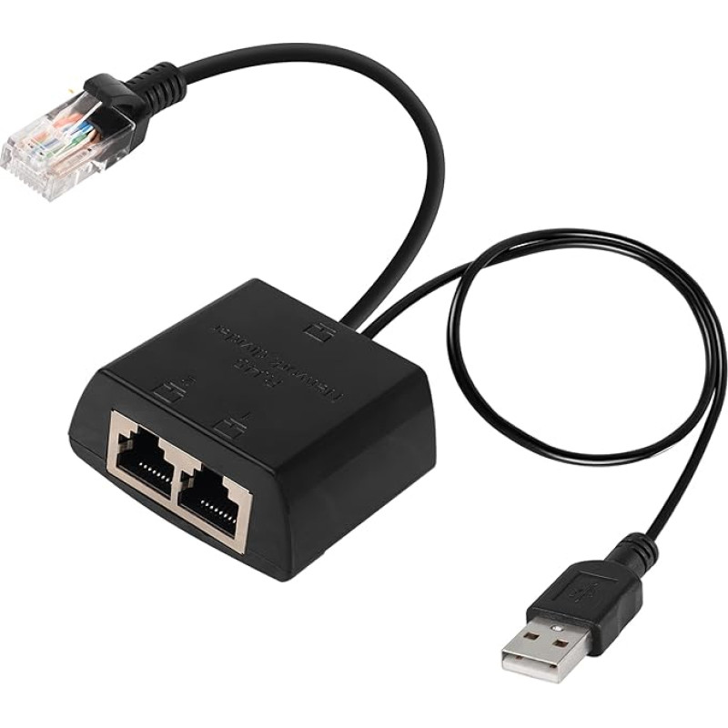 QIANRENON 1-2 tinklo skirstytuvo adapteris (2 tinklo prievadai, vienalaikė prieiga prie interneto) RJ45 vyriškojo ir 2 moteriškojo eterneto skirstytuvo prievadai USB maitinimas 100M eterneto skirstytuvui