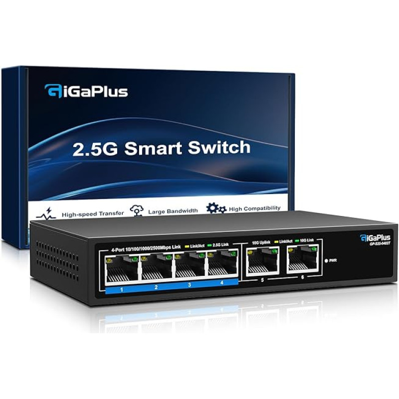 6 prievadų 10Gb nevaldomas Ethernet komutatorius su 4*2,5G Base-T prievadais, 2*10G RJ45 prievadais. 60 Gb/s komutavimo pajėgumas, 