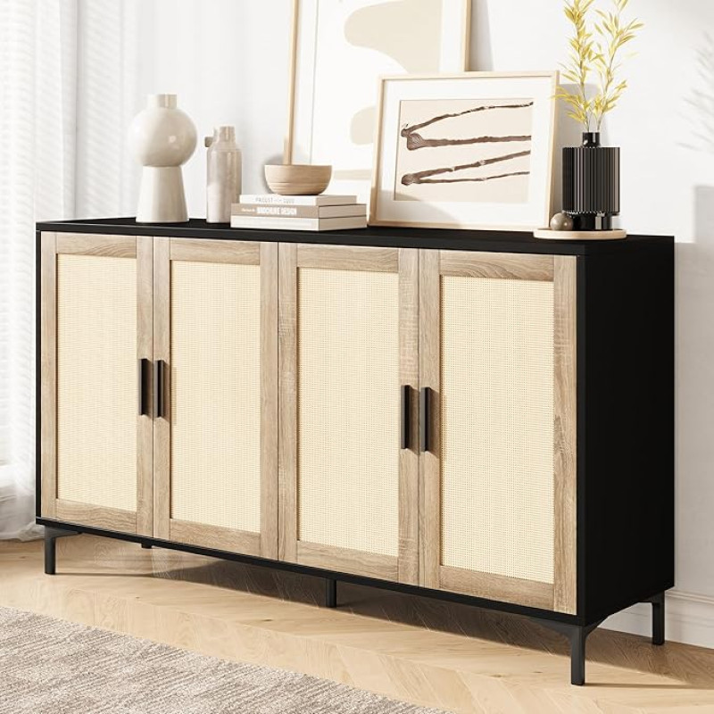 Luoxiao 123 cm Sideboard rotango bufetas spinta su 4 durimis Medinė komoda Vintage virtuvės spintelė su metalinėmis kojomis spintelė svetainei, valgomajam, virtuvei, prieškambariui, biurui, juoda