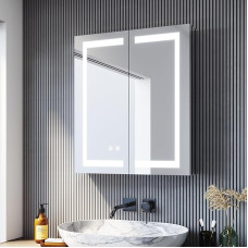 SONNI Vonios veidrodinė spintelė su apšvietimu, 60 cm pločio, LED veidrodinė spintelė ir kištukinis lizdas, 2 durys, vonios veidrodinė spintelė su jutikliniu jungikliu, šalta balta / neutrali balta / šilta balta