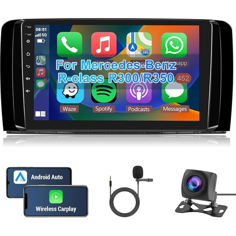 Hodozzy Android Car Radio for Mercedes-Benz R-Class R300 R350 R280 R320 2005-2017 Carplay Android Car, Radio 9 Inch Touchscreen Radio Bluetooth HiFi Navigation WiFi FM RDS Camera 2 DIN Screen