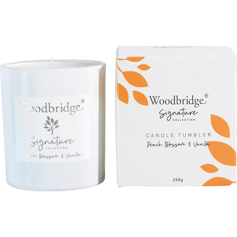 Woodbridge Scented Candle in Glass with Lid | Peach Blossom & Vanilla | Scented Candle Fruity | Small Scented Candle | Burning Time up to 50 Hours | White Candles (250 g) | Signature Collection