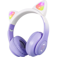 XtenKea Bluetooth Headphones for Children with Cat Ears, Wireless Headphones with Microphone and LED Lighting, Foldable Over Ear Headphones for Smartphone/School/Desktop/PC/Kindle (Purple)