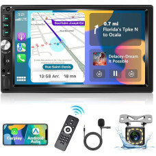 Podofo Car Radio 2 DIN with Apple CarPlay, Android Car and Bluetooth, 7 Inch Car Stereo Radio with HD Screen, Mirror Link/FM Radio/Steering Wheel Control + Reversing Camera & Mic