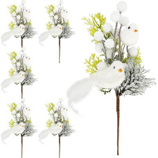 6 Pieces Christmas Picks White Berries and Birds Snowy Artificial Berry Games Holly Sprays Frosted Pine Branches Birds Stems for Christmas Tree Flower Wreaths Crafts