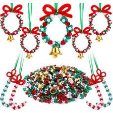 1842 Pieces Christmas Beads Decoration Kit, 1400 Coloured Triangle Beads 300 Acrylic Christmas Beads 100 Chenille Stem 40 Mini Golden Bell 2 Green Ribbon for Wreath DIY Craft Decor