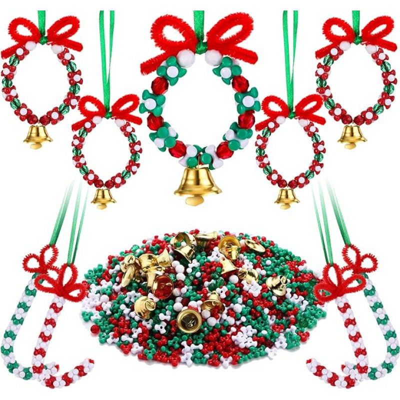 1842 Pieces Christmas Beads Decoration Kit, 1400 Coloured Triangle Beads 300 Acrylic Christmas Beads 100 Chenille Stem 40 Mini Golden Bell 2 Green Ribbon for Wreath DIY Craft Decor