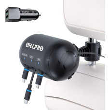 OHLPRO Headrest Retractable Car Charger, 3-in-1 USB-C Charging Cable, Retractable Back Seat Car Charger Car Adapter for iPhone, Samsung, Android, Ideal for Taxi, Uber, Chauffeurs, Travel Accessories