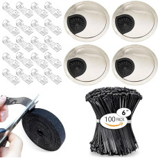 4 pieces cable grommet 60 mm, cable organisation set, contains 4 pieces 60 mm desk grommets, 20 pieces self-adhesive cable clips, 1 piece roll hook loop cable ties, 100 pieces cable ties