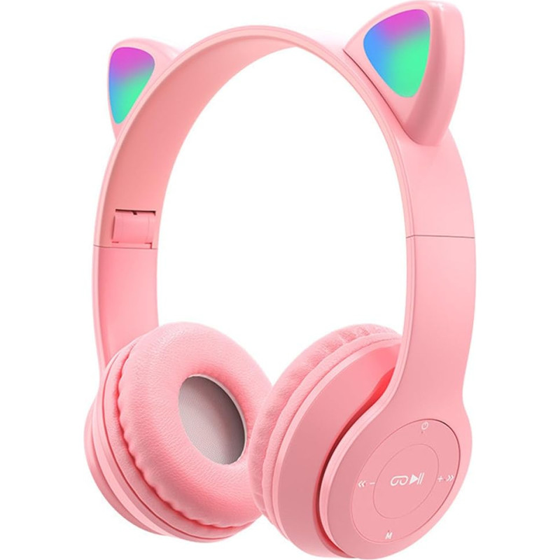 Wireless Headphones Over Ear Bluetooth HiFi Stereo Foldable Headphones Cat Ears Game Headset with LED Light Pink