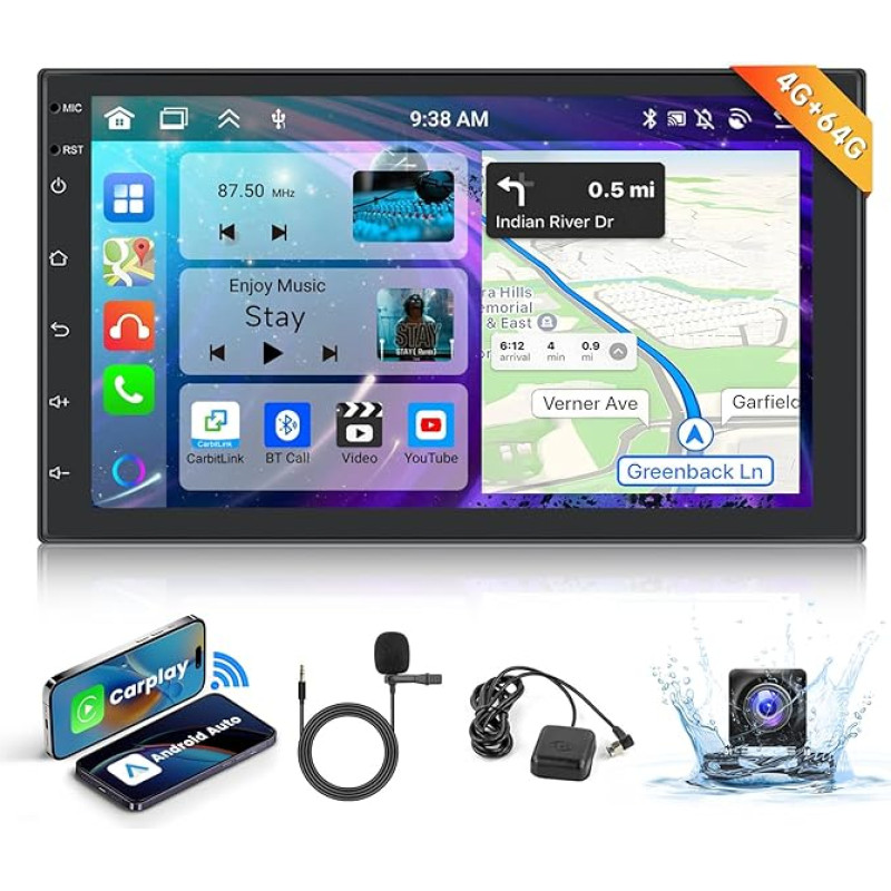 4G 64G podofo Octa-Core 7 Inch Android Car Radio 2 Din Wireless Carplay Android Car Bluetooth with Touch Screen, Car Stereo with GPS Navigation + AHD Reversing Camera HiFi/RDS/FM Radio DAB+, Mirror