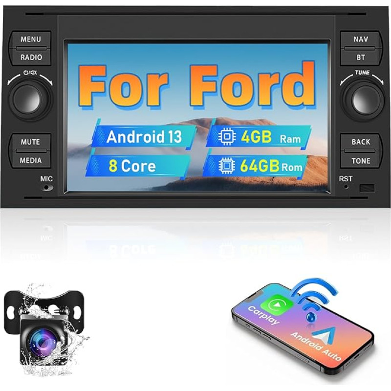 4+64G 8 Core Car Radio Navigation for Transit Fiesta Focus Galaxy podofo Android 13 7 Inch Radio with Wireless Carplay/Android Car DSP HiFi Bluetooth RDS FM GPS WiFi USB SWC USB + AHD Reversing Camera