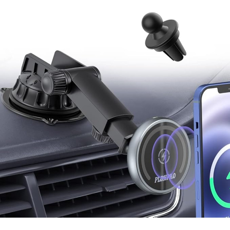 PLDHPRO Magnetic Wireless Car Charger Car Mount for MagSafe Phones of iPhone 14/13/12 Series, Dashboard Windscreen Mount Car with Ventilation Clip Mobile Phone Holder