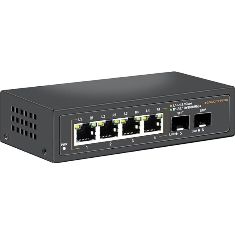 Davuaz 2.5G nevaldomas Ethernet komutatorius su 4 x 2.5G Base-T prievadais ir 2 x 10G SFP Uplink prievadais, suderinamas su 100/1000/2500Mbps, dizainas be ventiliatoriaus, Plug & Play, metalinis 2,5 GB tinklo komutatorius