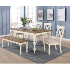 Roundhill Furniture Prato Esstisch-Set mit gekreuzten Stühlen und Bank, Antikweiß und Eichenholz-Finish, 6-teilig