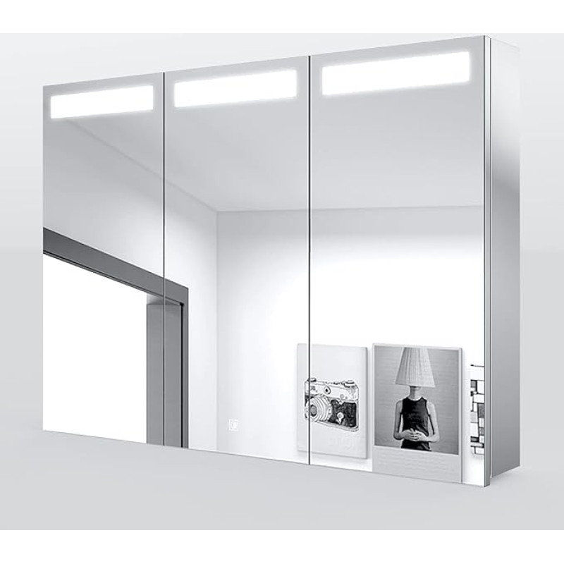 SONNI Vonios veidrodinė spintelė su apšvietimu 3 durų LED veidrodinė spintelė 65 x 90 cm Vonios veidrodinė spintelė Nerūdijančio plieno vonios veidrodinė spintelė su jutikliniu jungikliu