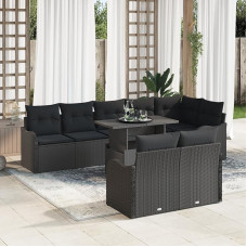 Rantry 9-teiliges Garten-Sofa-Set mit Kissen Schwarz Poly-Rattan, 2-Personen Garten-Sofa mit Kissen Schwarz Poly-Rattan Gartenlounge Modelis3348489