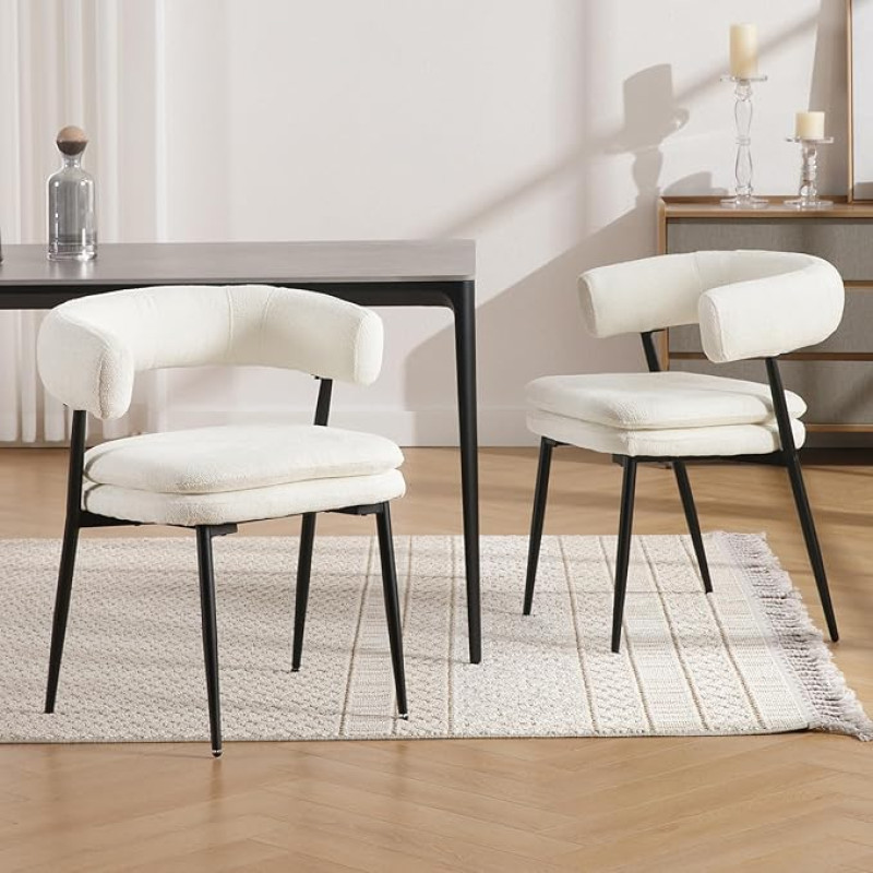 Ya-Home Valgomojo kėdės 2 virtuvės kėdės su porankiais Minkštos kėdės su metaliniu rėmu valgomajame Chenille White