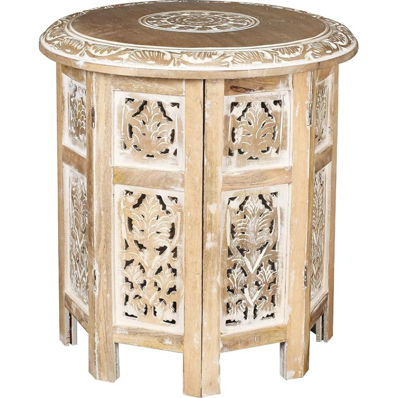 Couchtisch aus Holz, Couchtisch für Wohnzimmer, traditioneller runder Beistelltisch, modern, rund, handgeschnitzt, 45,7 cm, achteckig, Weiß