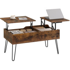 WOLTU BTS14vbn Reguliuojamas kavos staliuko aukštis, šoninis staliukas su dvigubomis pakeliamomis plokštėmis, pakeliamas stalas, svetainės stalas, paslėpta laikymo vieta, kaimiška ruda spalva, medžio medžiaga metalas,