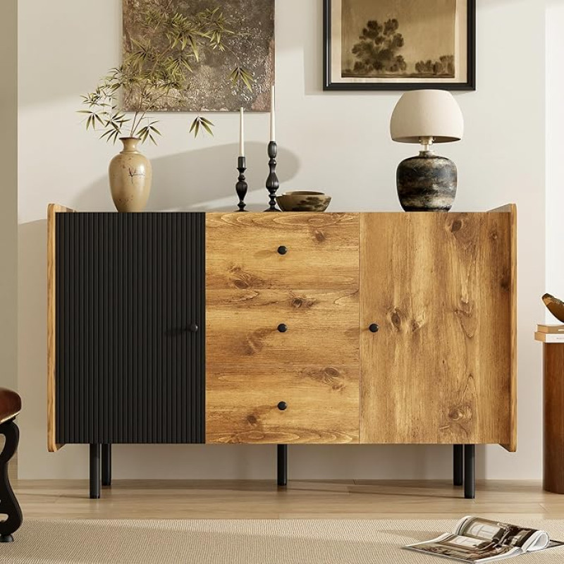 BTM Medinė bufetinė spinta Bufetinė spinta su 3 stalčiais ir 2 durelėmis, skirta saugojimui Šiuolaikinis stilius 120 x 40 x 75 cm Mediena ir juoda spalva
