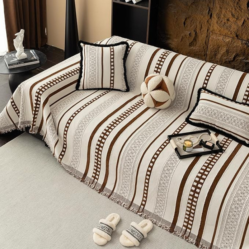 MDSASFD Dryžuoti sofos užvalkalai, Boho sofos užvalkalai, sofos užvalkalas šunims, vidutinio dydžio sofos užvalkalai šezlongams ir kėdėms, šeniliniai sofos užvalkalai, skalbiami, sekcijos (1 vnt./Ruda/150 x 180 cm)