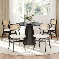 ROCITY Rattan Esszimmerstühle 4er Set Schwarz Leinenstoff Esszimmerstühle Natur Holz Küchenstühle Bauernhaus Boho