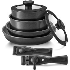 BEZIA Keraminių keptuvių rinkinys su nuimamomis rankenomis, 10 dalių puodų rinkinys, nepridegančių kepimo puodų rinkinys, sveikų puodų ir keptuvių rinkinys, indukcinių puodų rinkinys, sudedamos stovyklavimo keptuvės, tinkančios visoms kaitlentėms, saugios