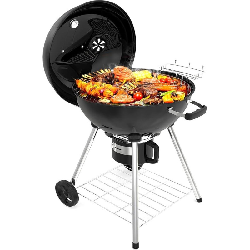 21 colių nešiojamas medžio anglių grilis su ratukais - dvigubas grilis - apatinis laikiklis - juodas