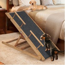 120 cm ilgio neslidi medinė pakyla šunims ant sofos, 6 reguliuojami aukščiai nuo 40 iki 71 cm, su neslystančiu sukibimo kilimėliu mažiems, vidutiniams ir dideliems šunims (iki