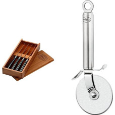 RÖSLE Steak peilių rinkinys, 4 dalys, aukštos kokybės steak peilis, juodas, 4 x 25,2 x 11 cm, 4 dalių rinkinys ir pjaustytuvas picai, aukštos kokybės peilis picai su tvirtu ratuku, abiejose pusėse šlifuotais ašmenimis, nerūdijantis plienas 18