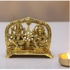 Purpledipo metalo statulėlės Ganeša-Lakšmi su Deepaku: Išskirtiniai aukso spalvos namų šventyklos stabai (11545)