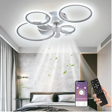 LED lubų ventiliatorius su apšvietimu, 85 cm šviestuvas su ventiliatoriumi ir nuotolinio valdymo programa, 60 W lubų apšvietimas su ventiliatoriumi, lubų ventiliatorius su apšvietimu, lubų ventiliatorius miegamajam, svetainei, baltas