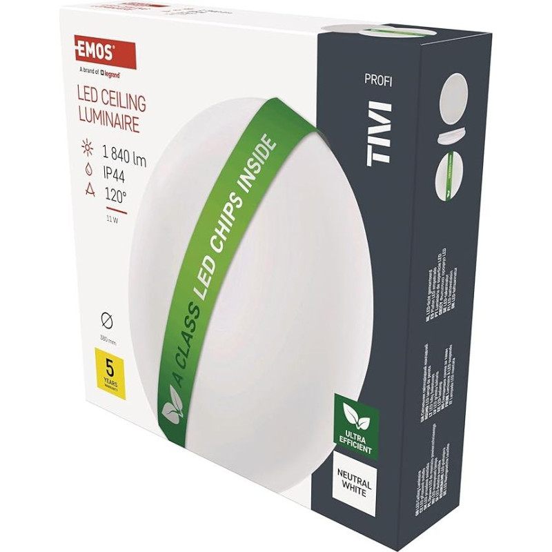 EMOS ACLASS LED lubų šviestuvas, 11 W, vandeniui atsparus IP44 paviršinio montavimo šviestuvas patalpoms, ekonomiškas baltos spalvos sieninis šviestuvas, apvalus, 38 cm, itin ryškus 1840 lm, pakeičia 115 W lemputę, neutralios baltos spalvos, 4000 K